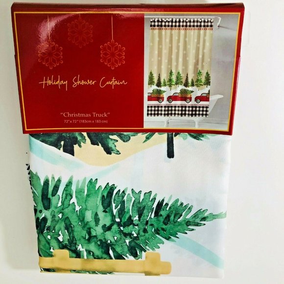 Christmas Red Truck Fabric Shower Curtain Holiday Buffalo Check Farmhouse New - Picture 1 of 3
